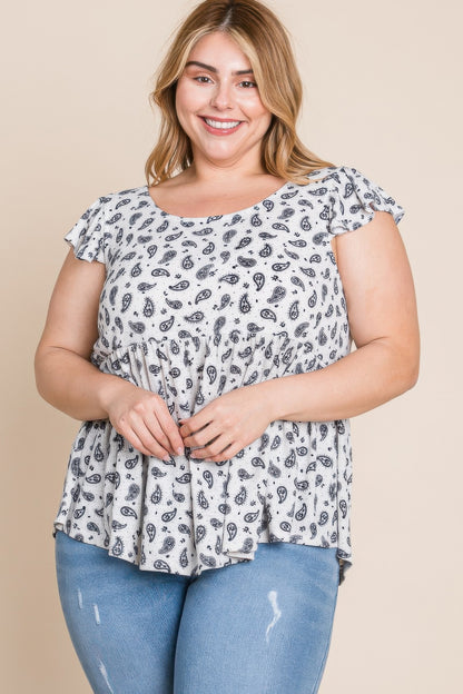 Plus Size Paisley Flutter Sleeves Top