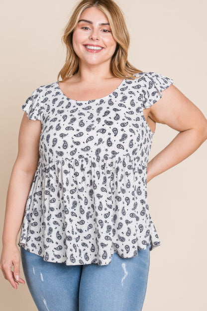 Plus Size Paisley Flutter Sleeves Top