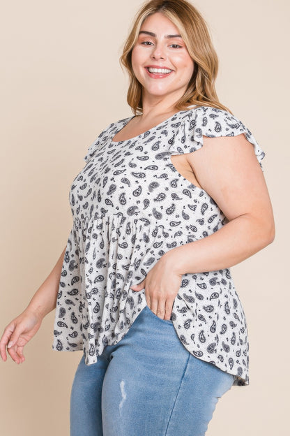 Plus Size Paisley Flutter Sleeves Top