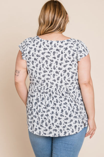 Plus Size Paisley Flutter Sleeves Top