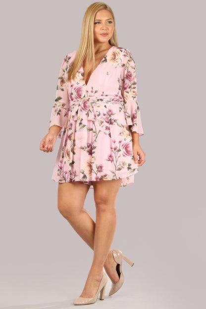 Floral Chiffon 3 4 Sleeve Tie Waist Romper