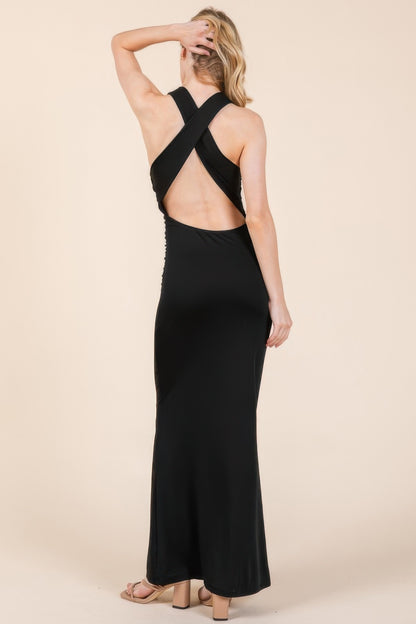 Cowl Neck Cross Back Shirring Maxi Dress