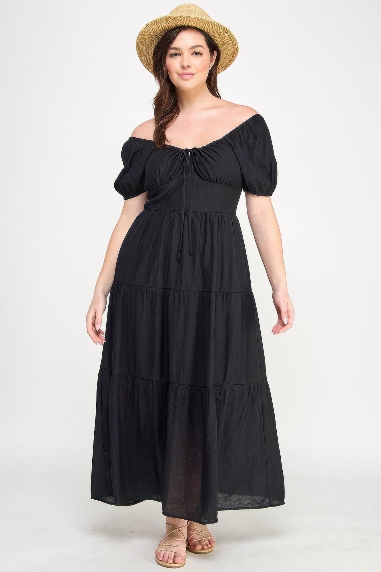Front Tie Puff Sleeve Tired Maxi Dress           