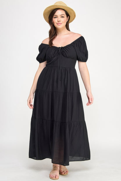 Front Tie Puff Sleeve Tired Maxi Dress           