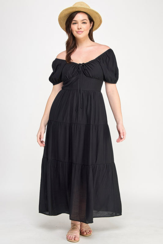 Front Tie Puff Sleeve Tired Maxi Dress           