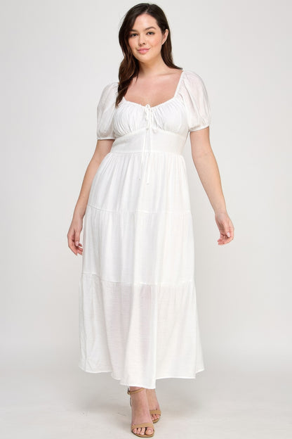 Front Tie Puff Sleeve Tired Maxi Dress           