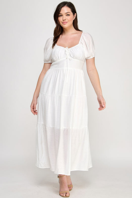 Front Tie Puff Sleeve Tired Maxi Dress           