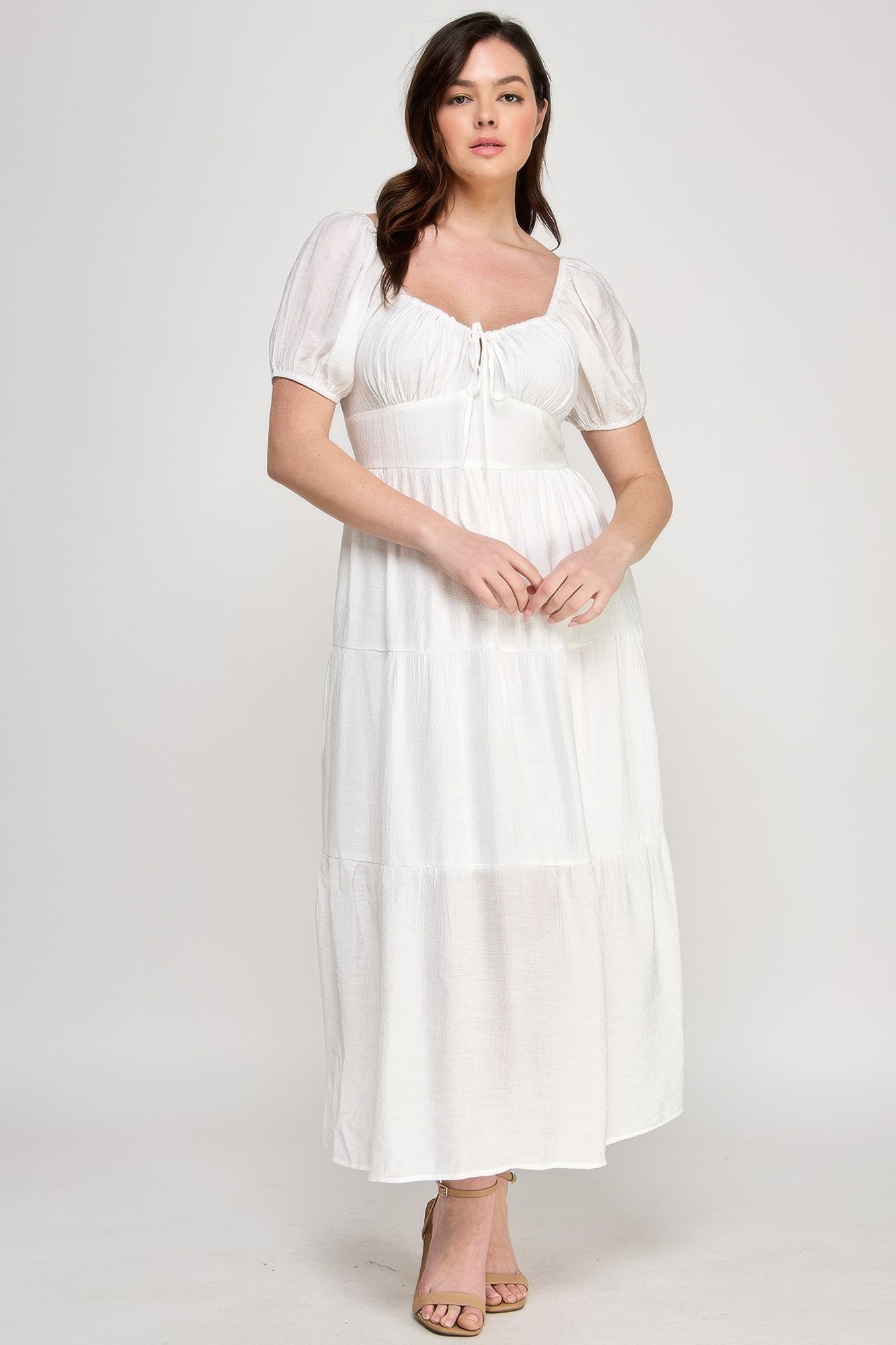 Front Tie Puff Sleeve Tired Maxi Dress           