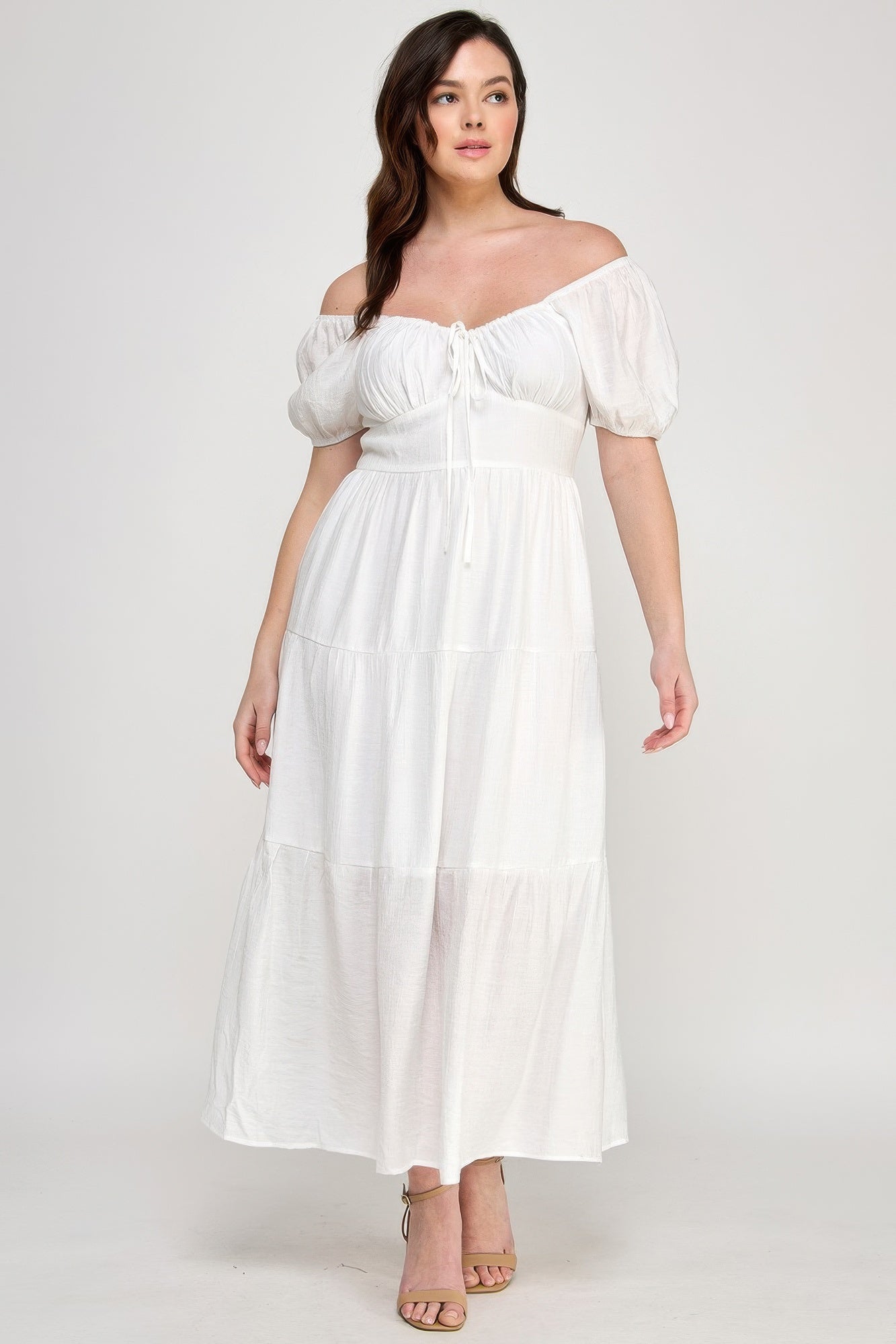 Front Tie Puff Sleeve Tired Maxi Dress           