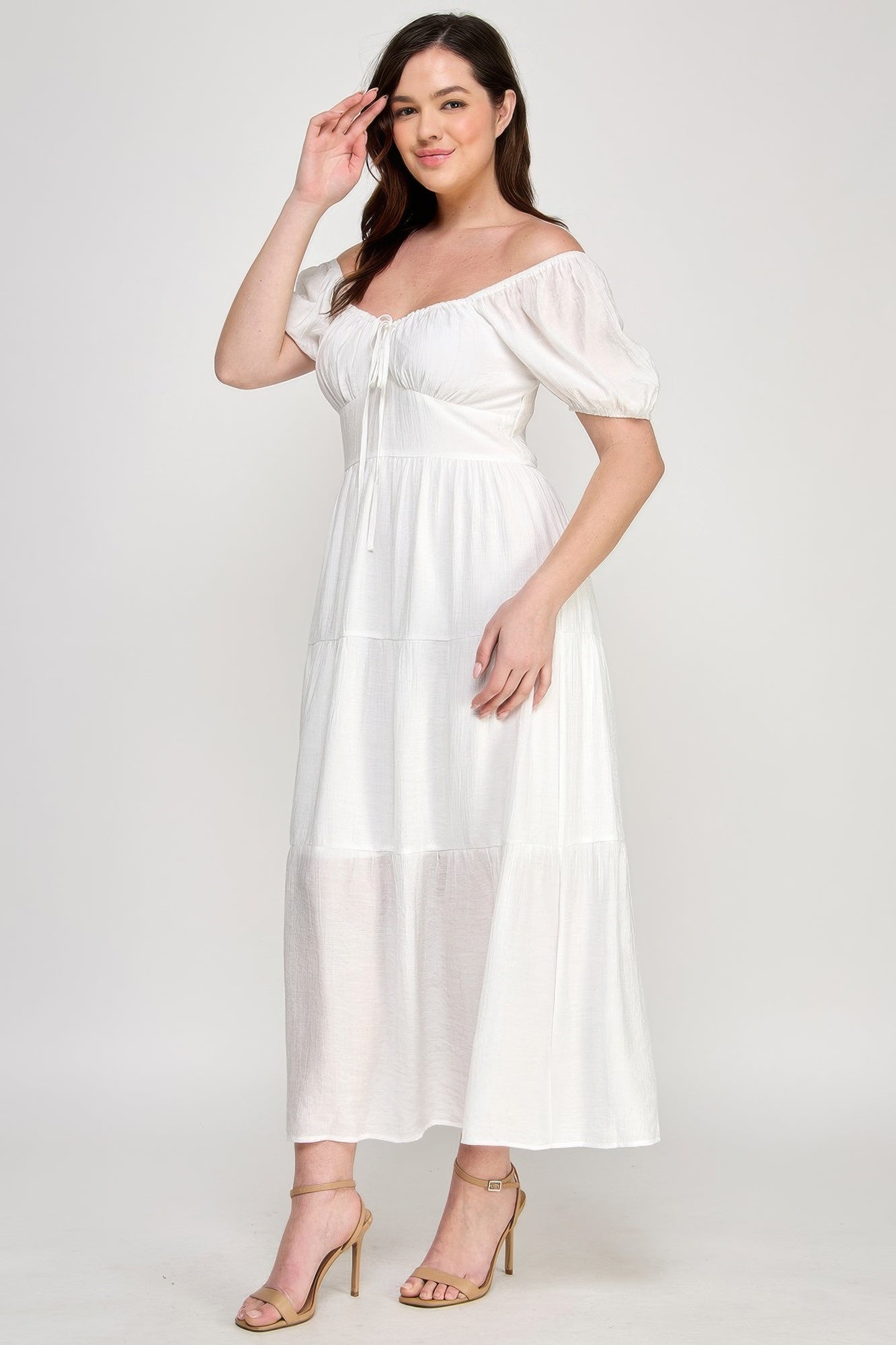 Front Tie Puff Sleeve Tired Maxi Dress           