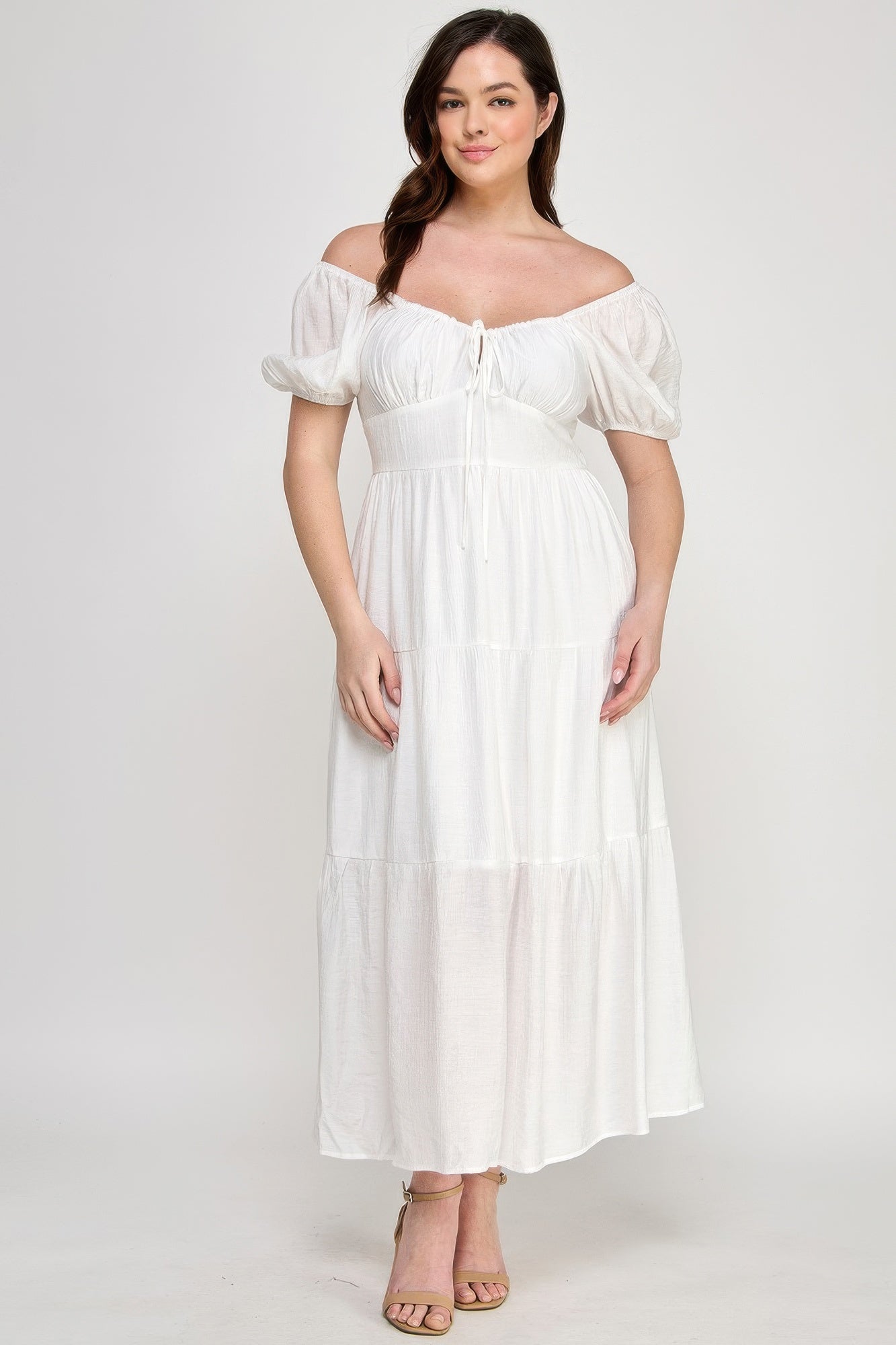 Front Tie Puff Sleeve Tired Maxi Dress           