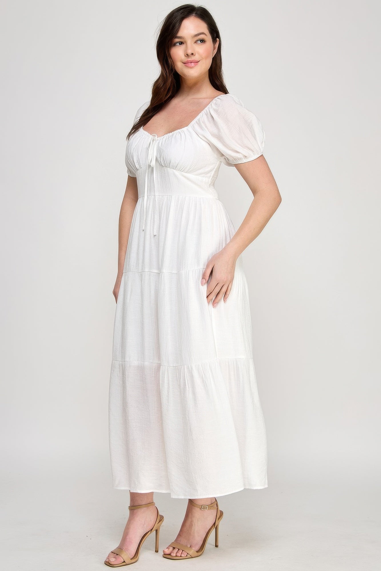 Front Tie Puff Sleeve Tired Maxi Dress           