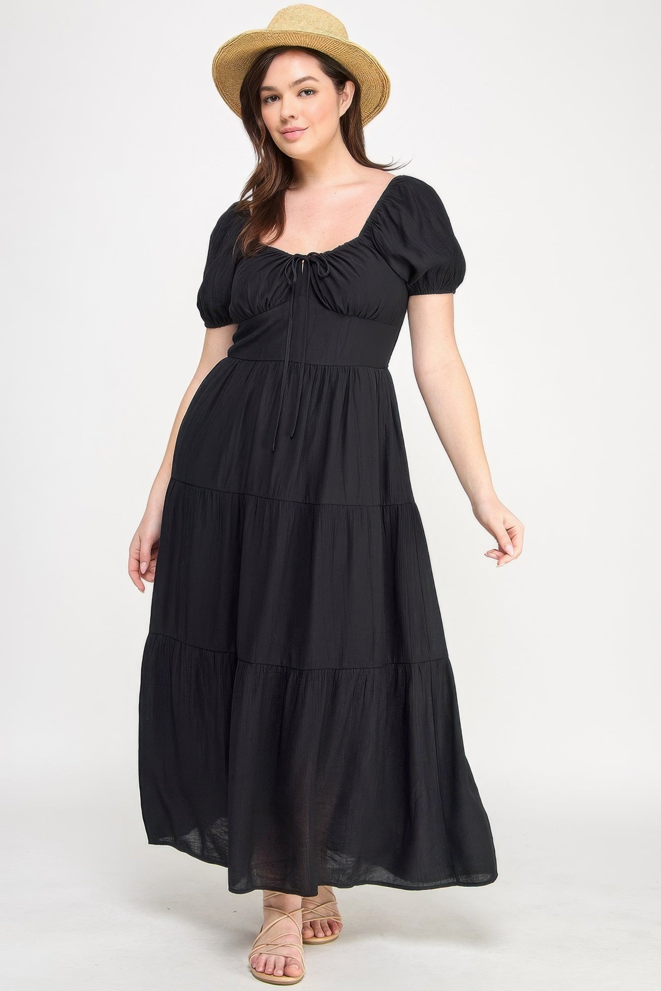 Front Tie Puff Sleeve Tired Maxi Dress           