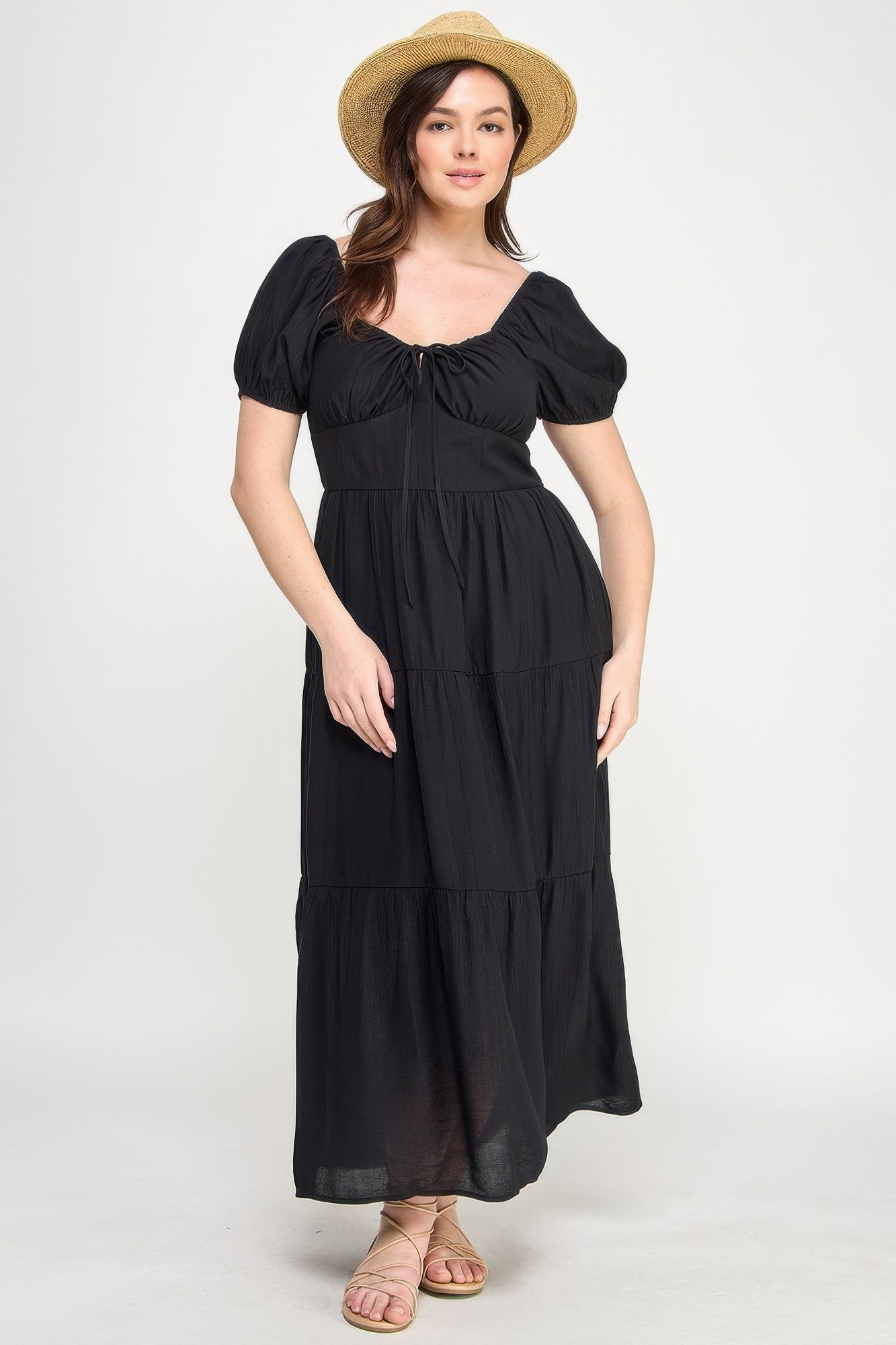 Front Tie Puff Sleeve Tired Maxi Dress           