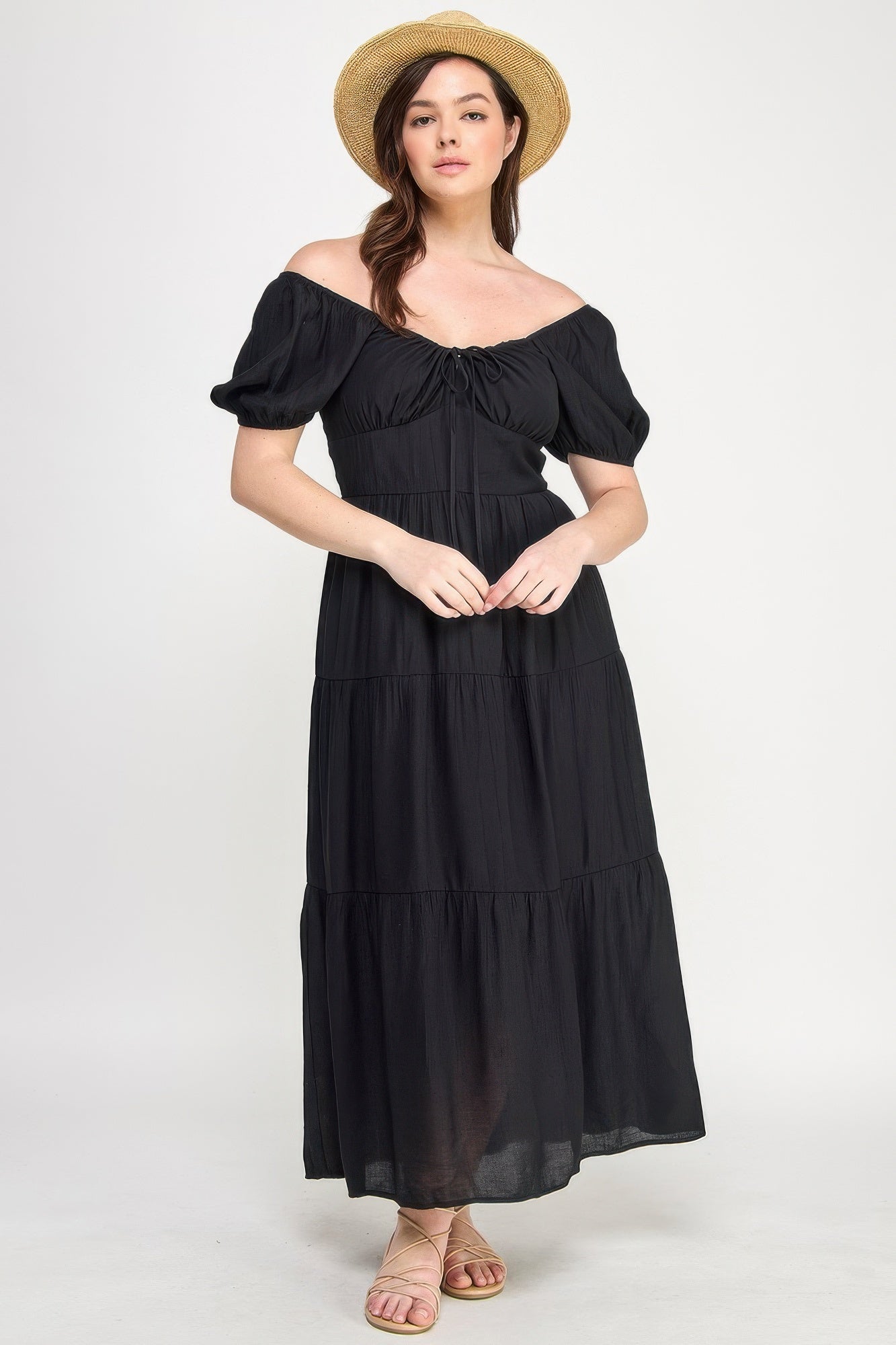 Front Tie Puff Sleeve Tired Maxi Dress           