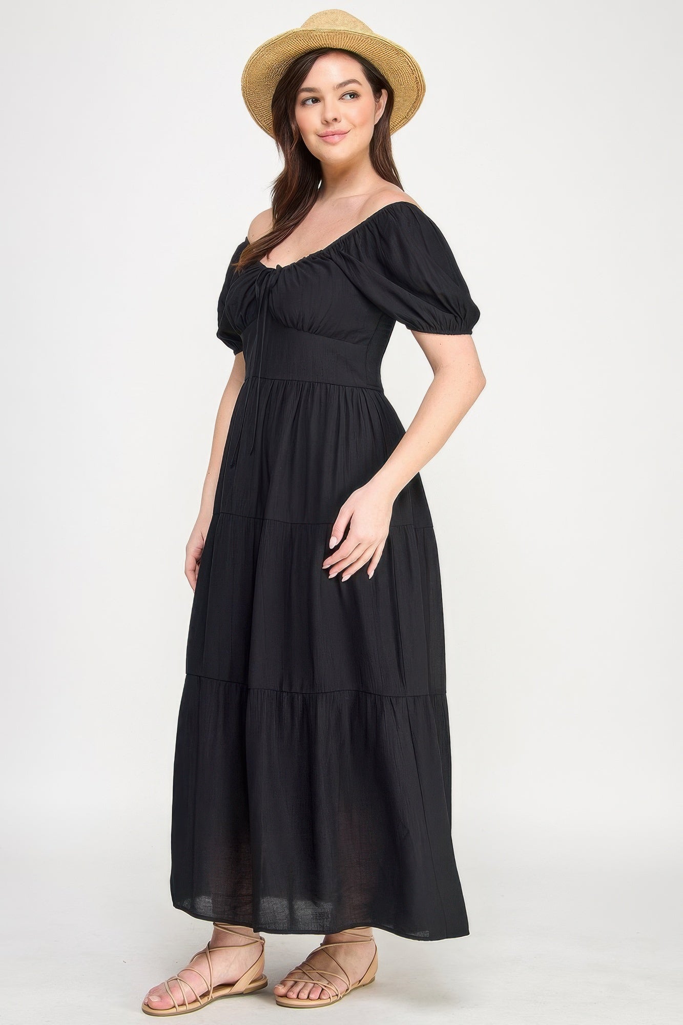 Front Tie Puff Sleeve Tired Maxi Dress           
