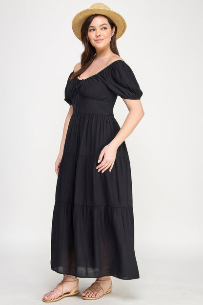 Front Tie Puff Sleeve Tired Maxi Dress           