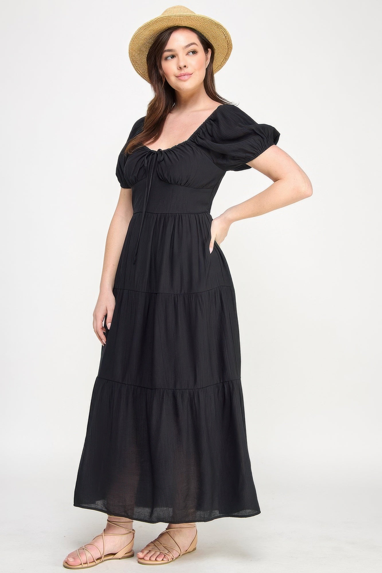 Front Tie Puff Sleeve Tired Maxi Dress           