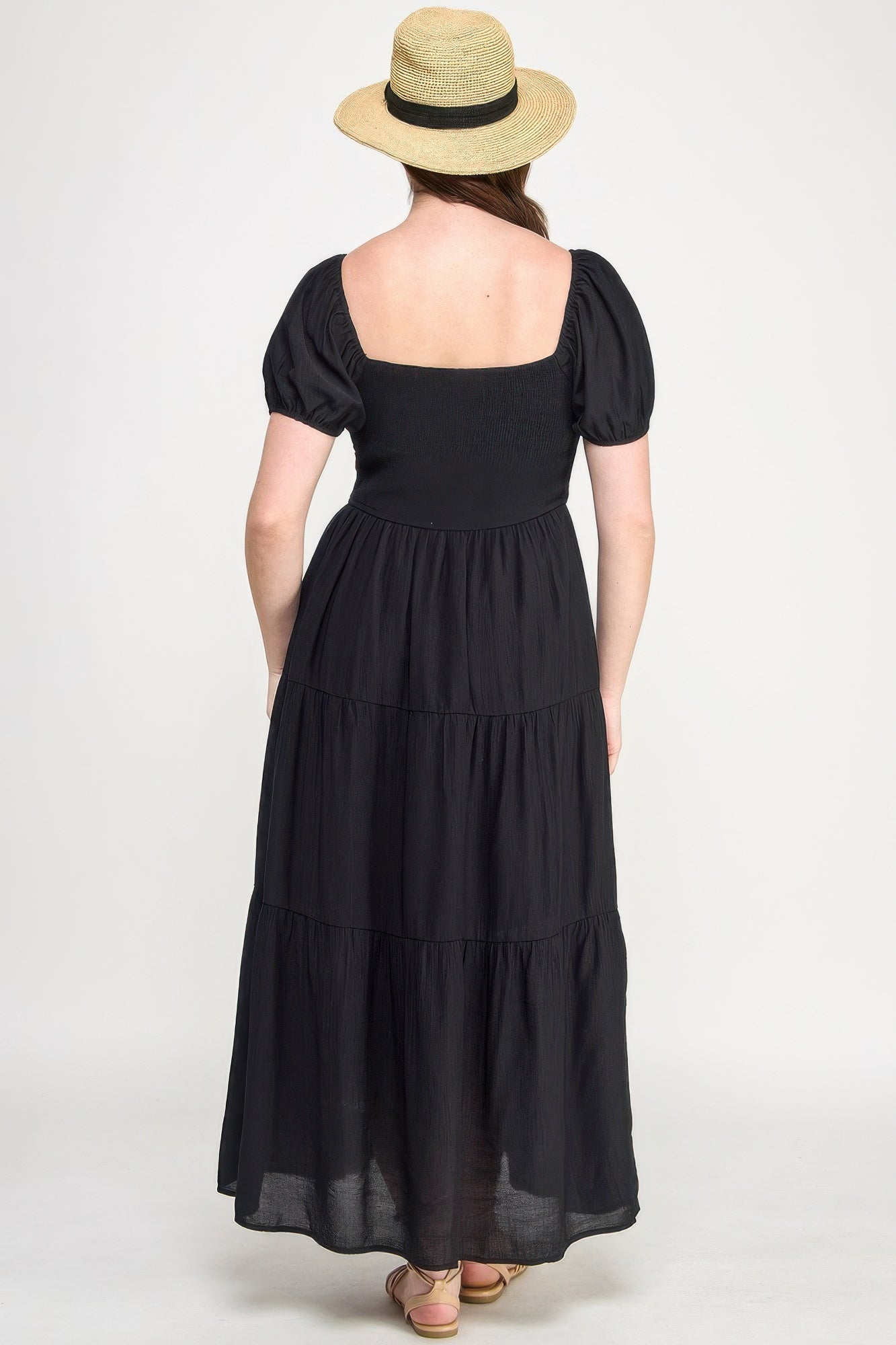 Front Tie Puff Sleeve Tired Maxi Dress           