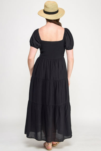 Front Tie Puff Sleeve Tired Maxi Dress           