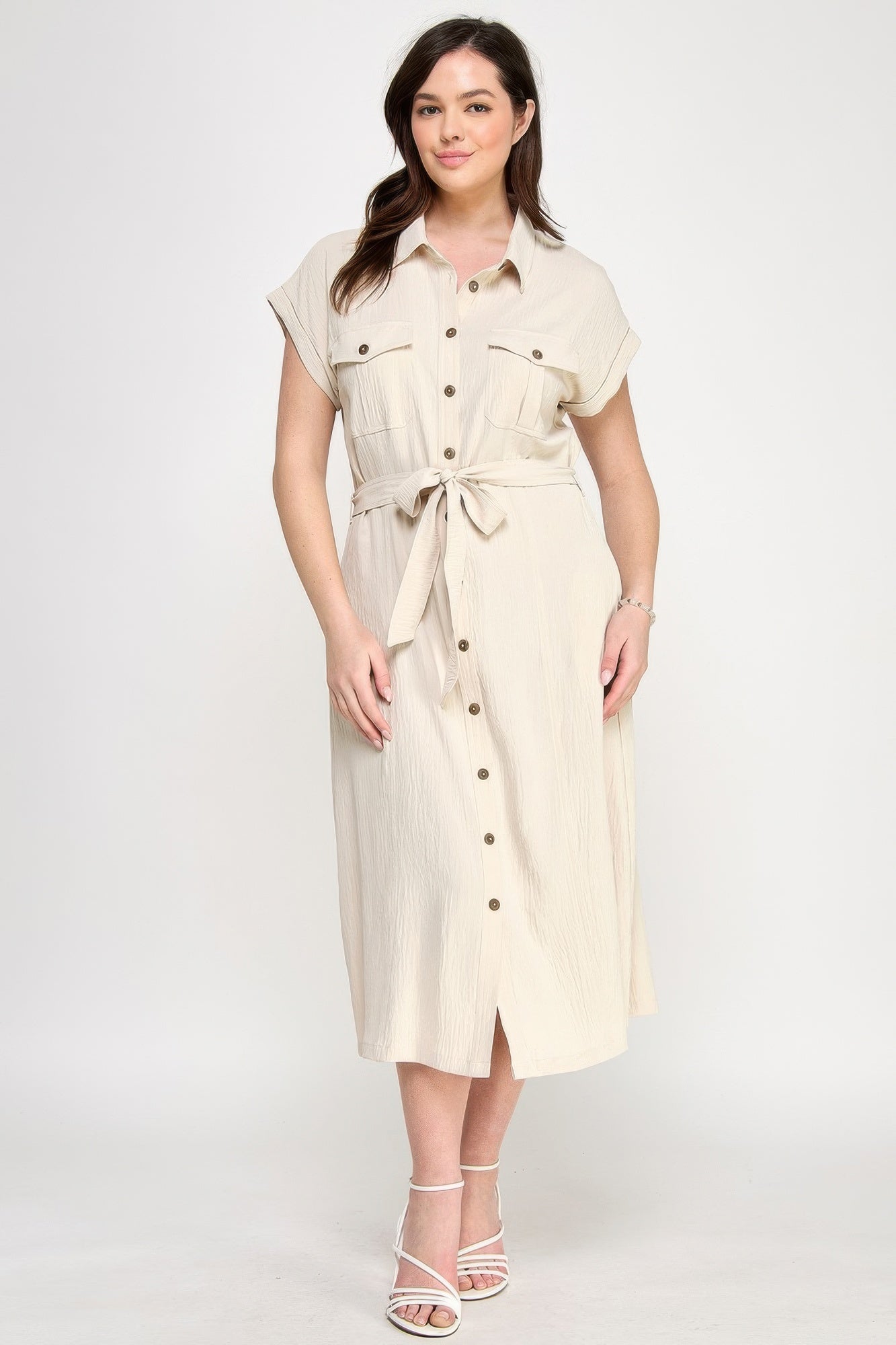 Front Tied Buttoned Short Sleeve Dress          