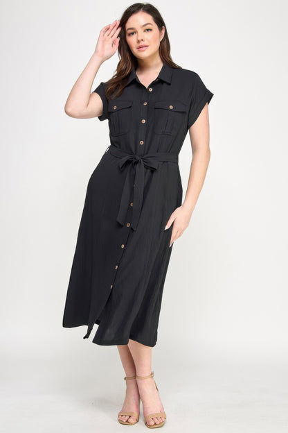 Front Tied Buttoned Short Sleeve Dress          