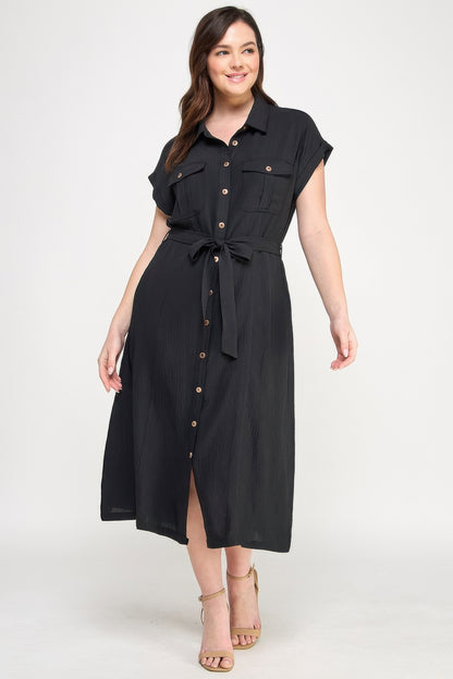Front Tied Buttoned Short Sleeve Dress          