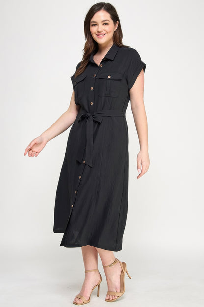 Front Tied Buttoned Short Sleeve Dress          