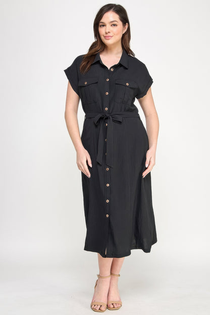 Front Tied Buttoned Short Sleeve Dress          