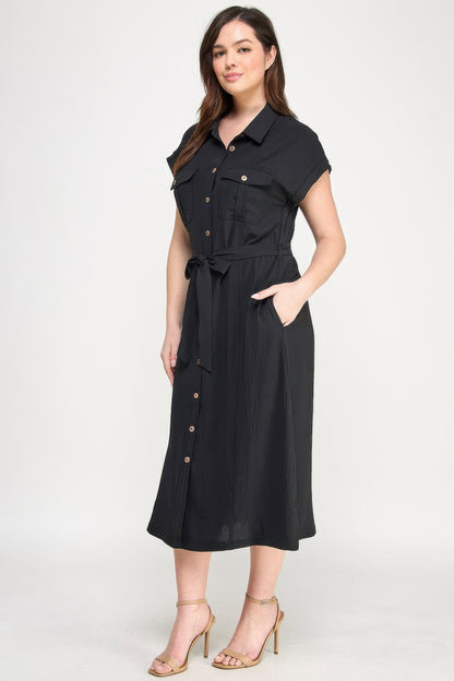 Front Tied Buttoned Short Sleeve Dress          