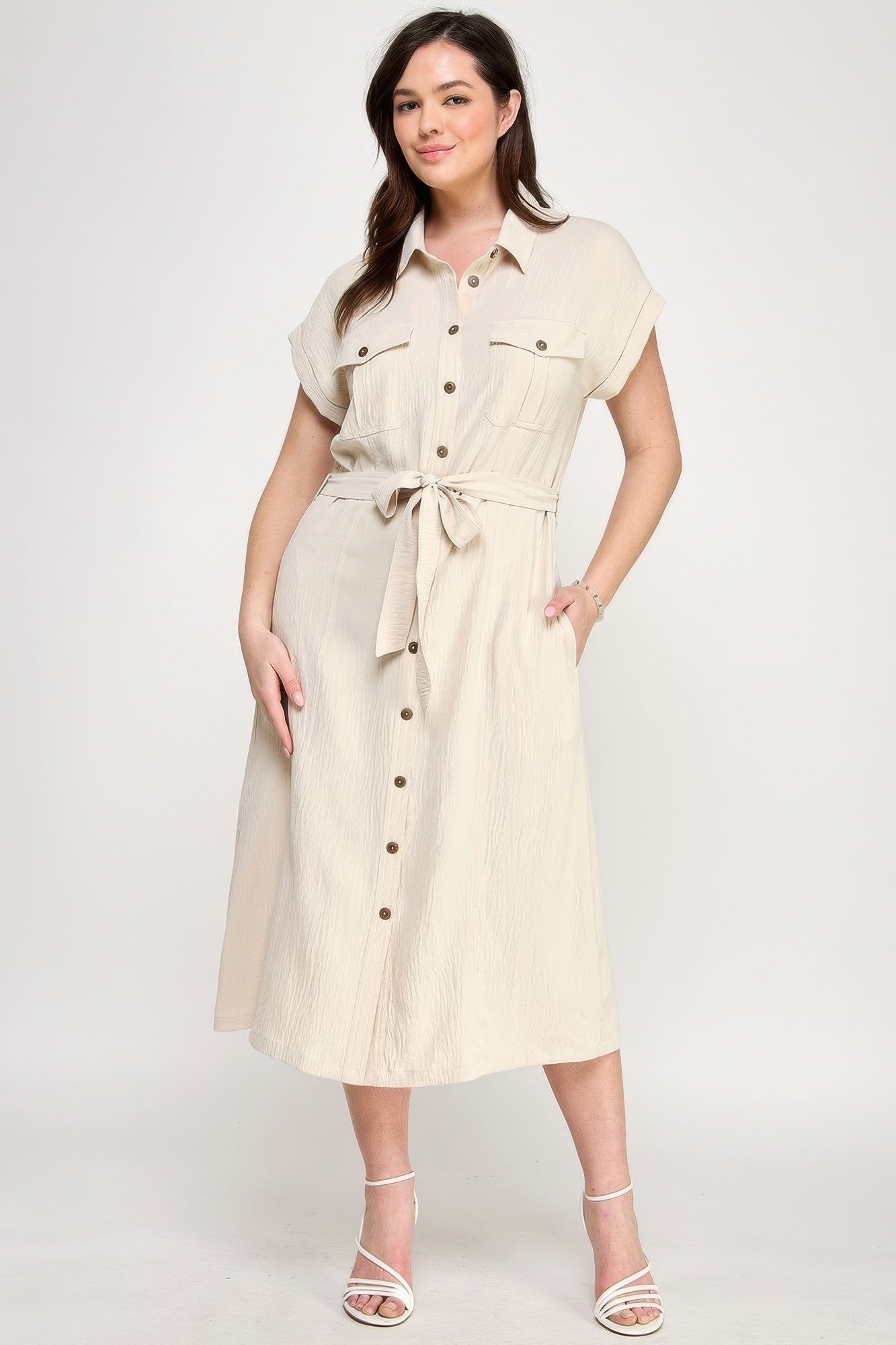 Front Tied Buttoned Short Sleeve Dress          