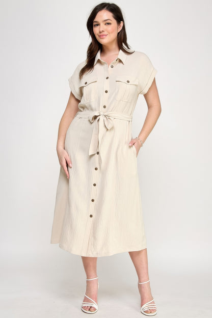 Front Tied Buttoned Short Sleeve Dress          