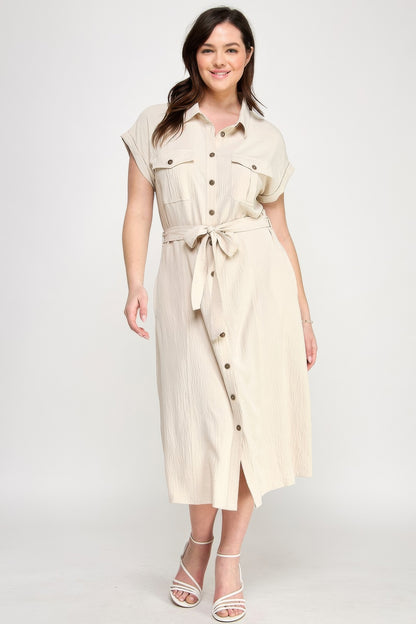 Front Tied Buttoned Short Sleeve Dress          