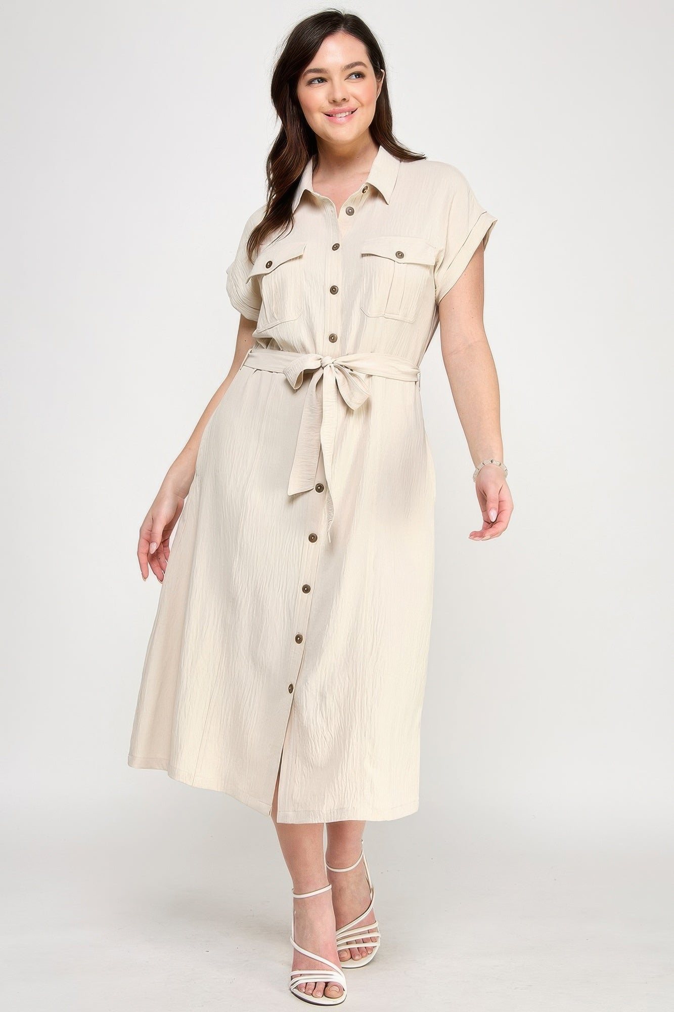 Front Tied Buttoned Short Sleeve Dress          