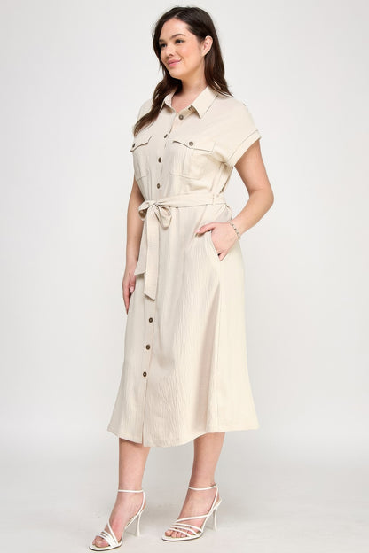 Front Tied Buttoned Short Sleeve Dress          