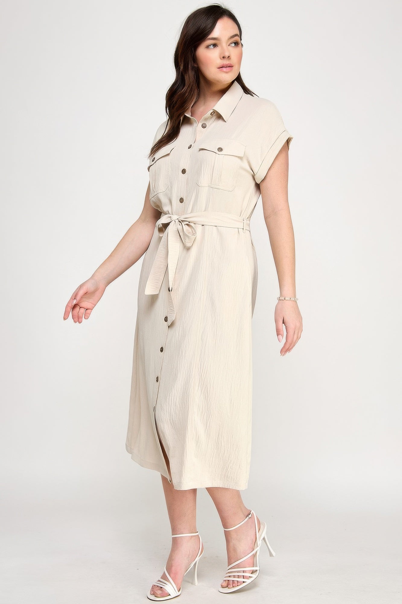 Front Tied Buttoned Short Sleeve Dress          