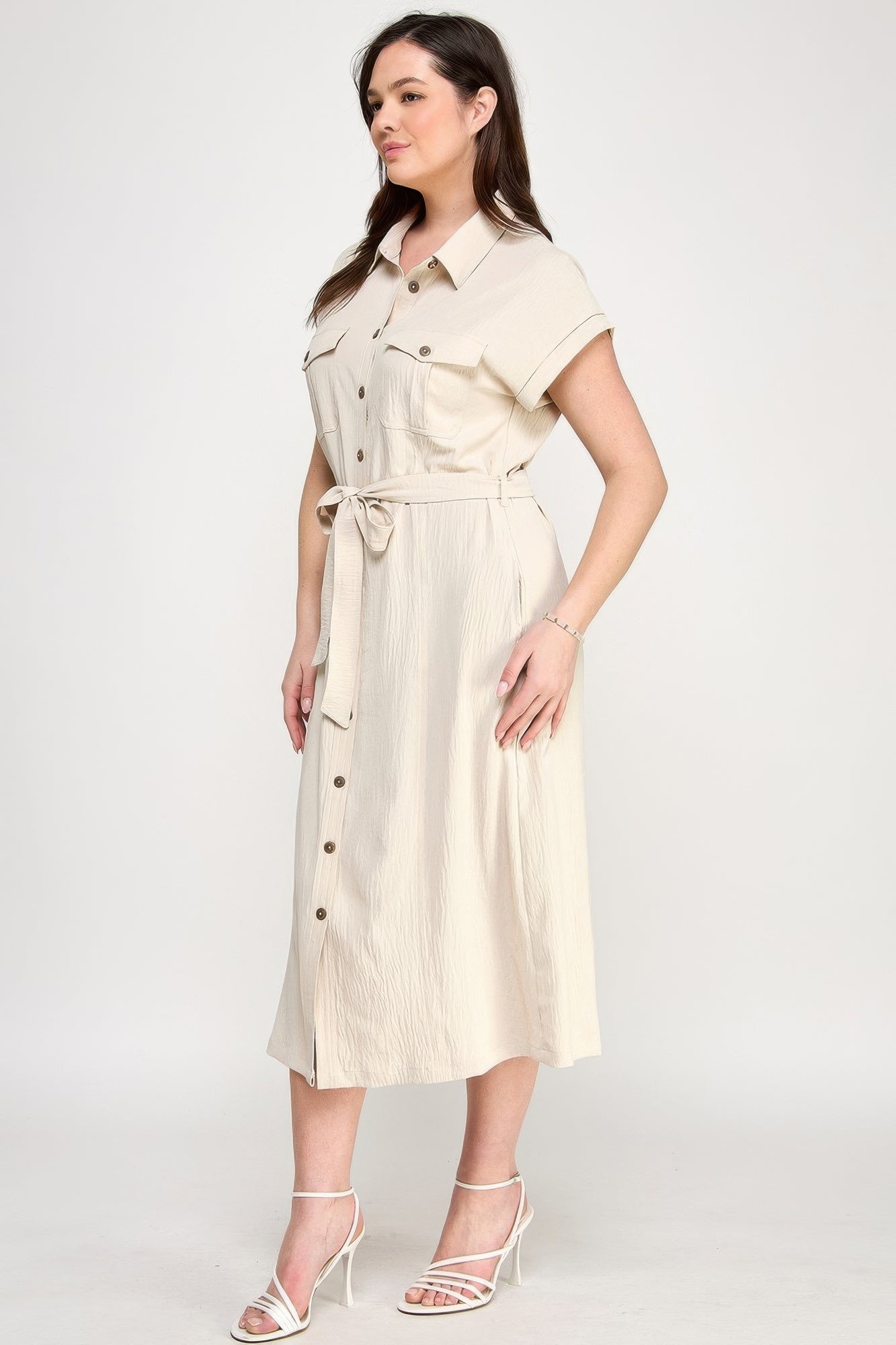 Front Tied Buttoned Short Sleeve Dress          