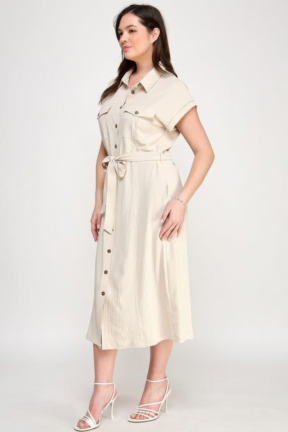 Front Tied Buttoned Short Sleeve Dress          