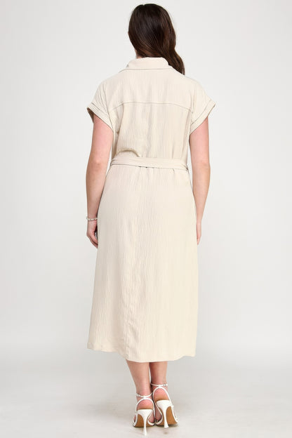 Front Tied Buttoned Short Sleeve Dress          