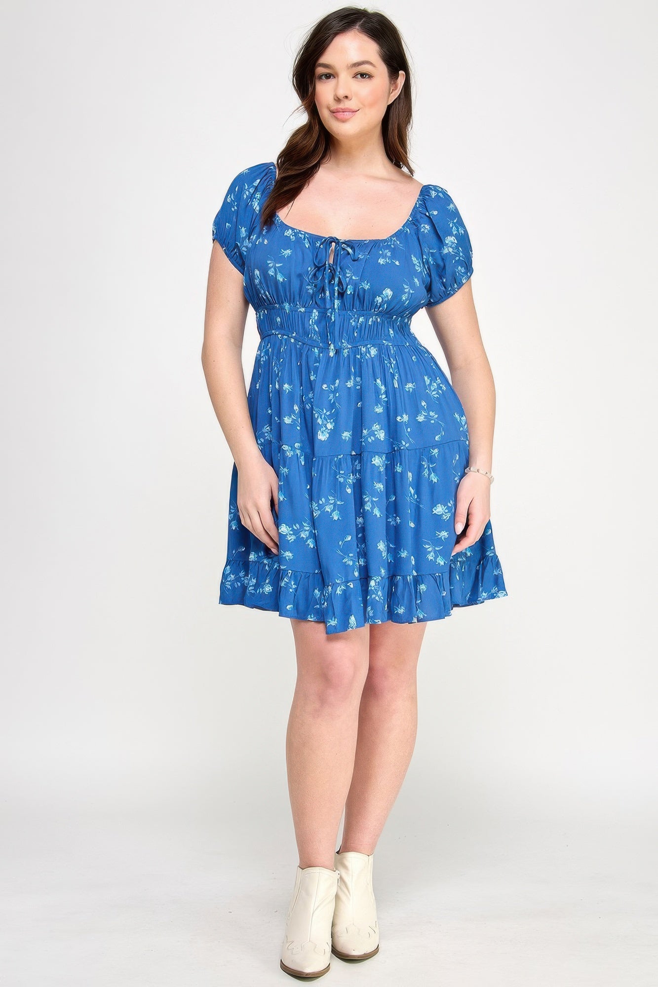 Floral Front-tie Elastic Waist Ruffle Dress 