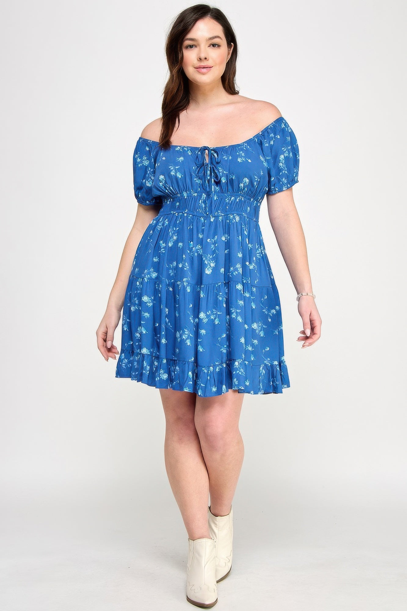 Floral Front-tie Elastic Waist Ruffle Dress 