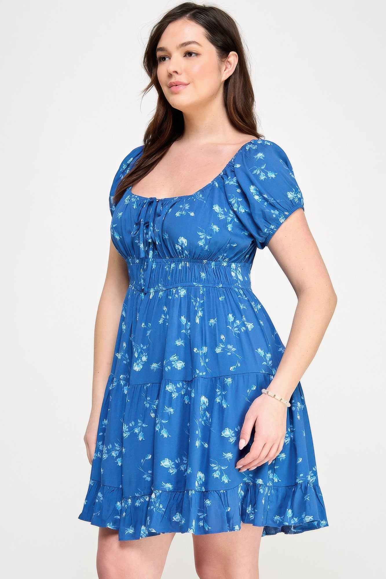 Floral Front-tie Elastic Waist Ruffle Dress 