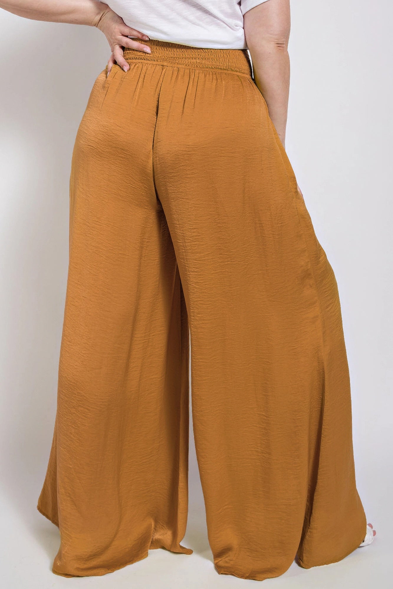 Washed Satin Wide Pants With Waist Smocked