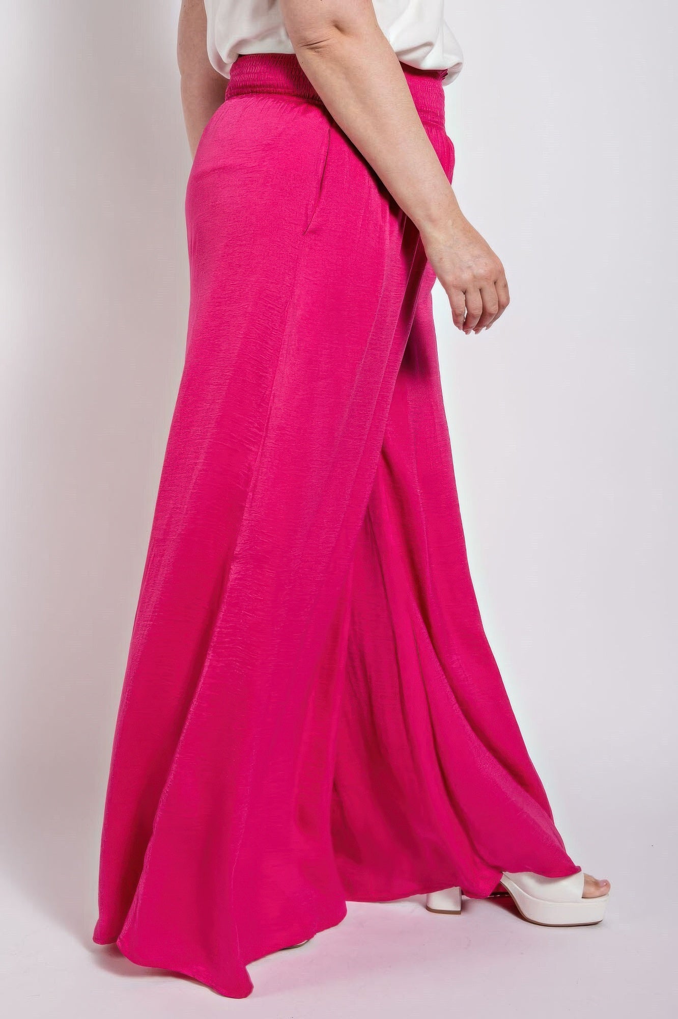 Washed Satin Wide Pants With Waist Smocked