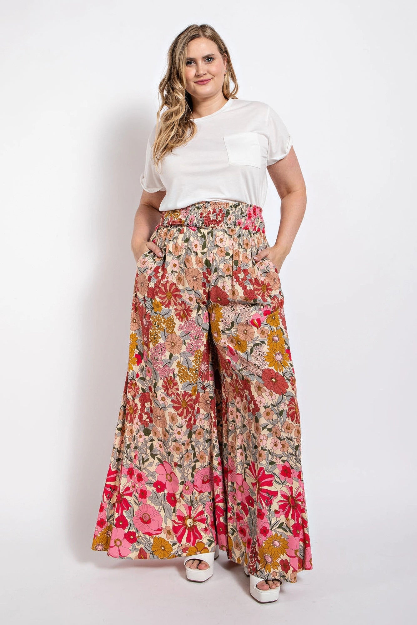 Flare Wide Leg And Waist Smocked Pants With Side Pocket