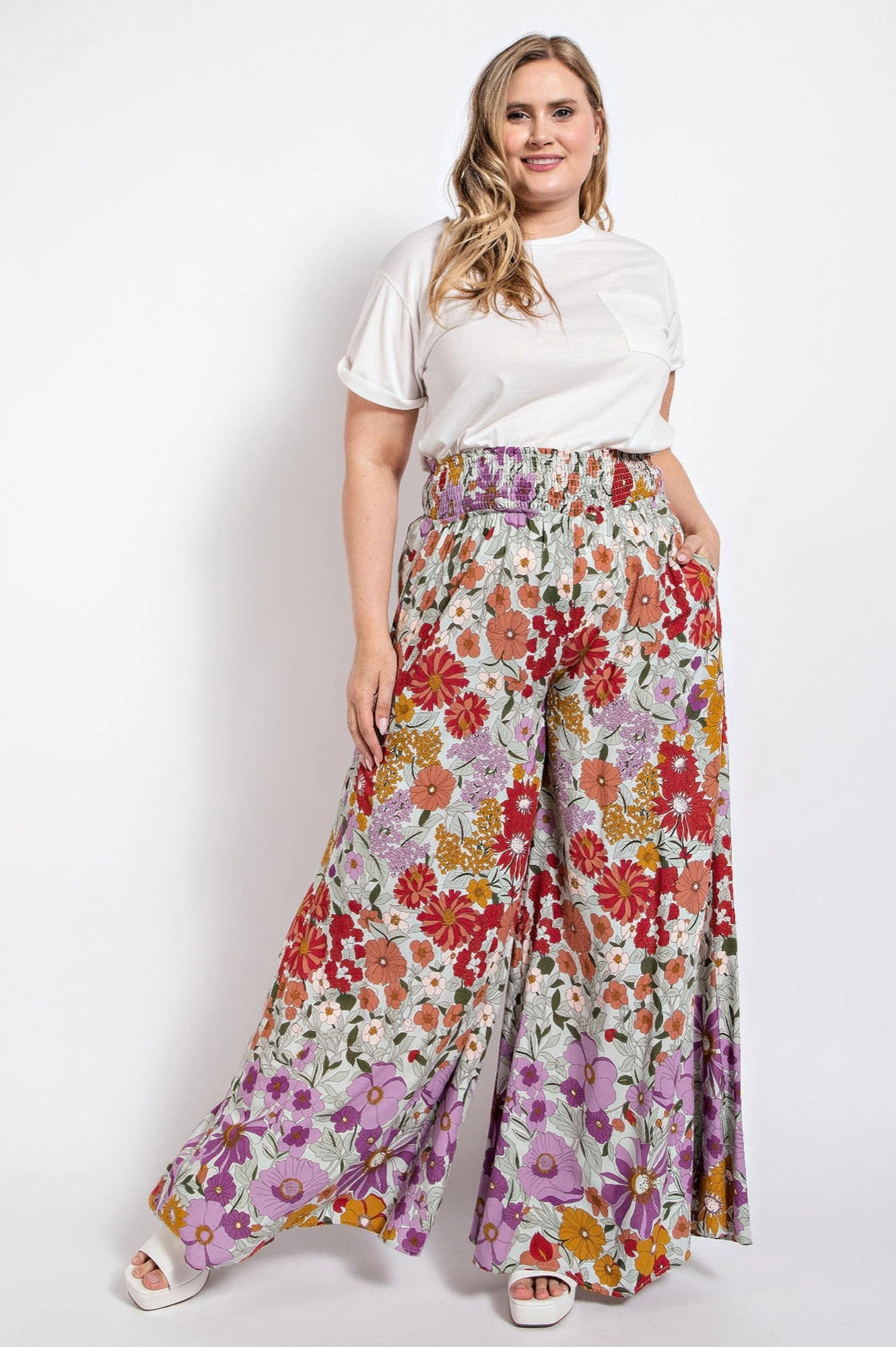 Flare Wide Leg And Waist Smocked Pants With Side Pocket