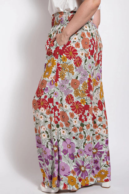 Flare Wide Leg And Waist Smocked Pants With Side Pocket