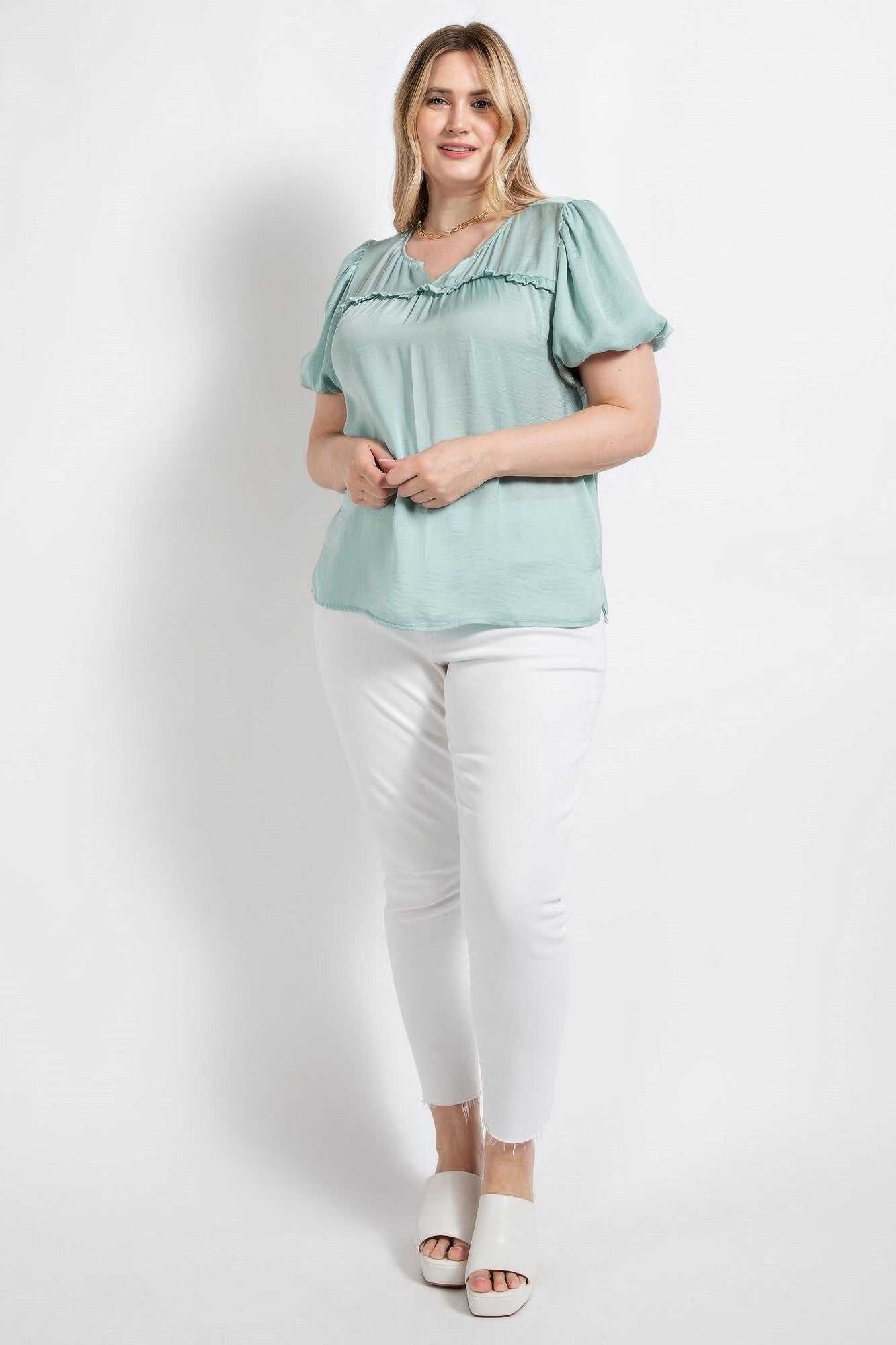 Satin Top With Ruffle Yoke And Puff Sleeves