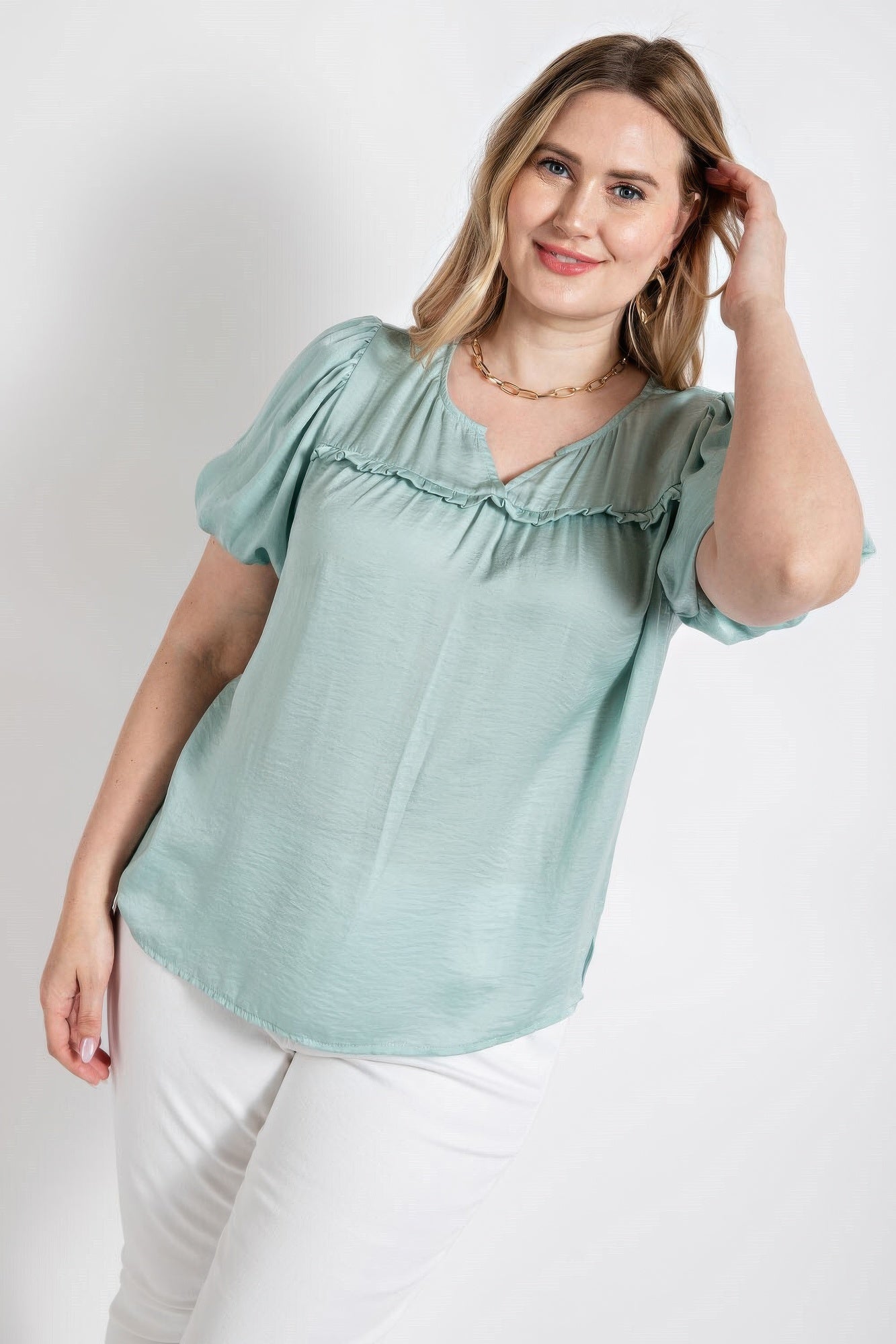 Satin Top With Ruffle Yoke And Puff Sleeves