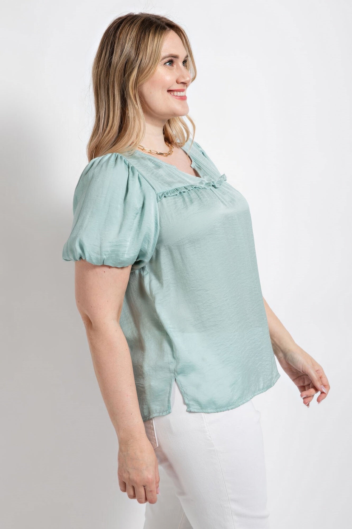 Satin Top With Ruffle Yoke And Puff Sleeves